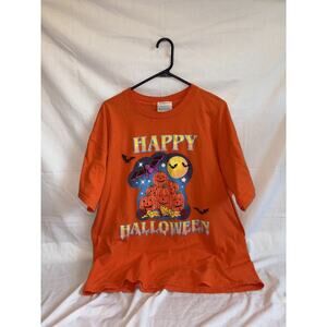 Vintage Happy Halloween graphic tee orange bats jack-o-lantern XL unisex